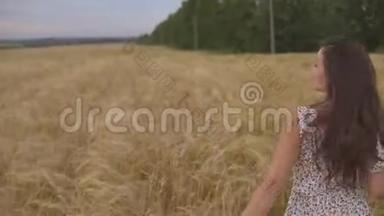 年轻漂亮的女人穿着裙子在田野里奔跑。 在金色草地上微笑的女孩。
